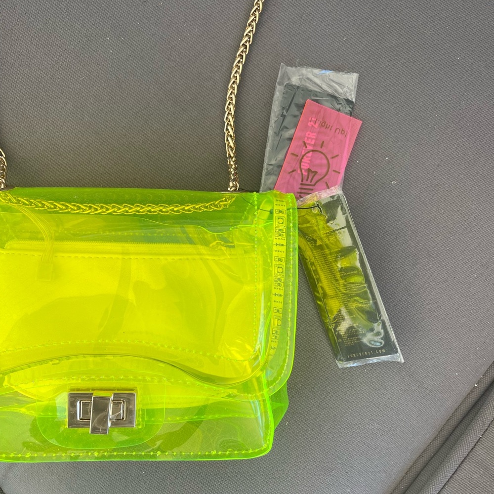 Forever 21 Neon Yellow Transparent Crossbody Bag with Gold Chain